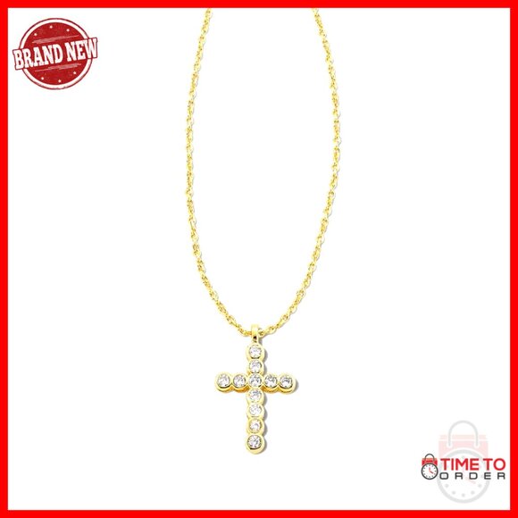 14K Gold Plated Cross Crystal Pendant Necklace, Adjustable Chain, Cubic Zirconia